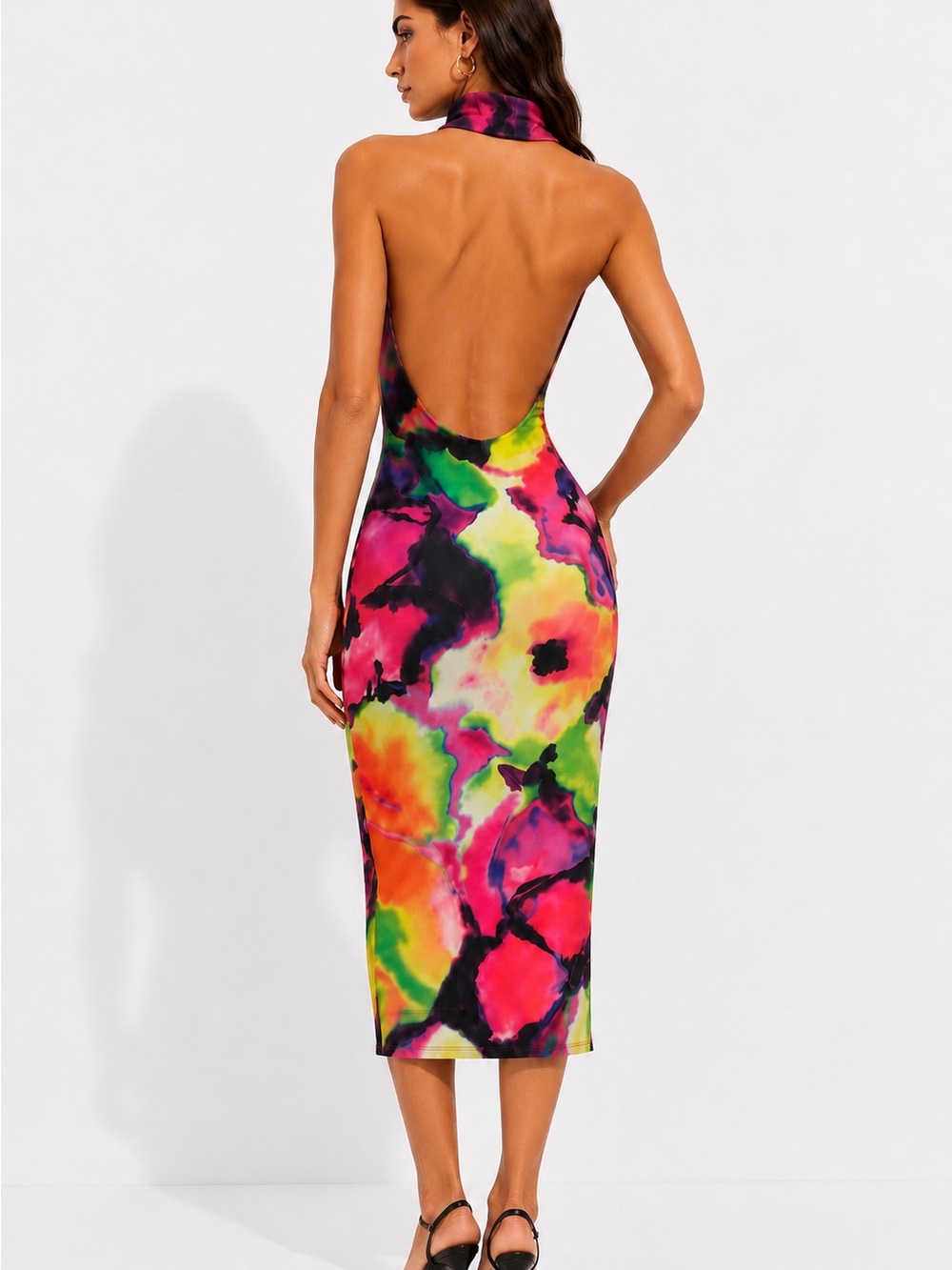 NWOT AFRM Serenity Open Back Midi Dress Neon Watercolor Print M
